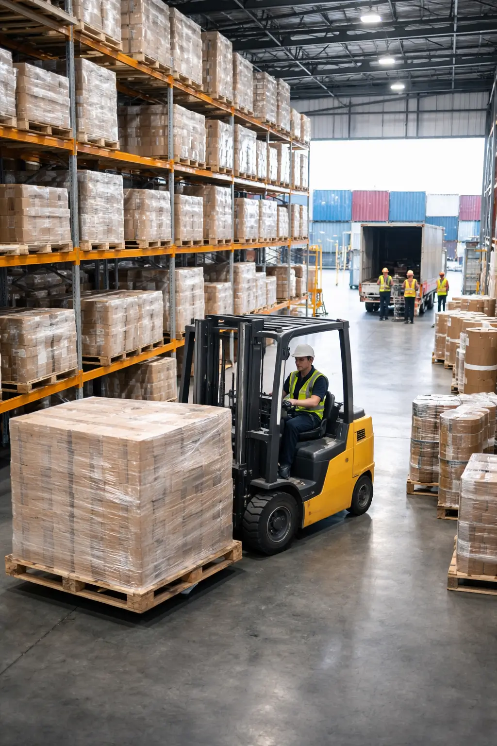 Almacén logístico con pallets de embalajes industriales y carretilla elevadora preparando envíos.